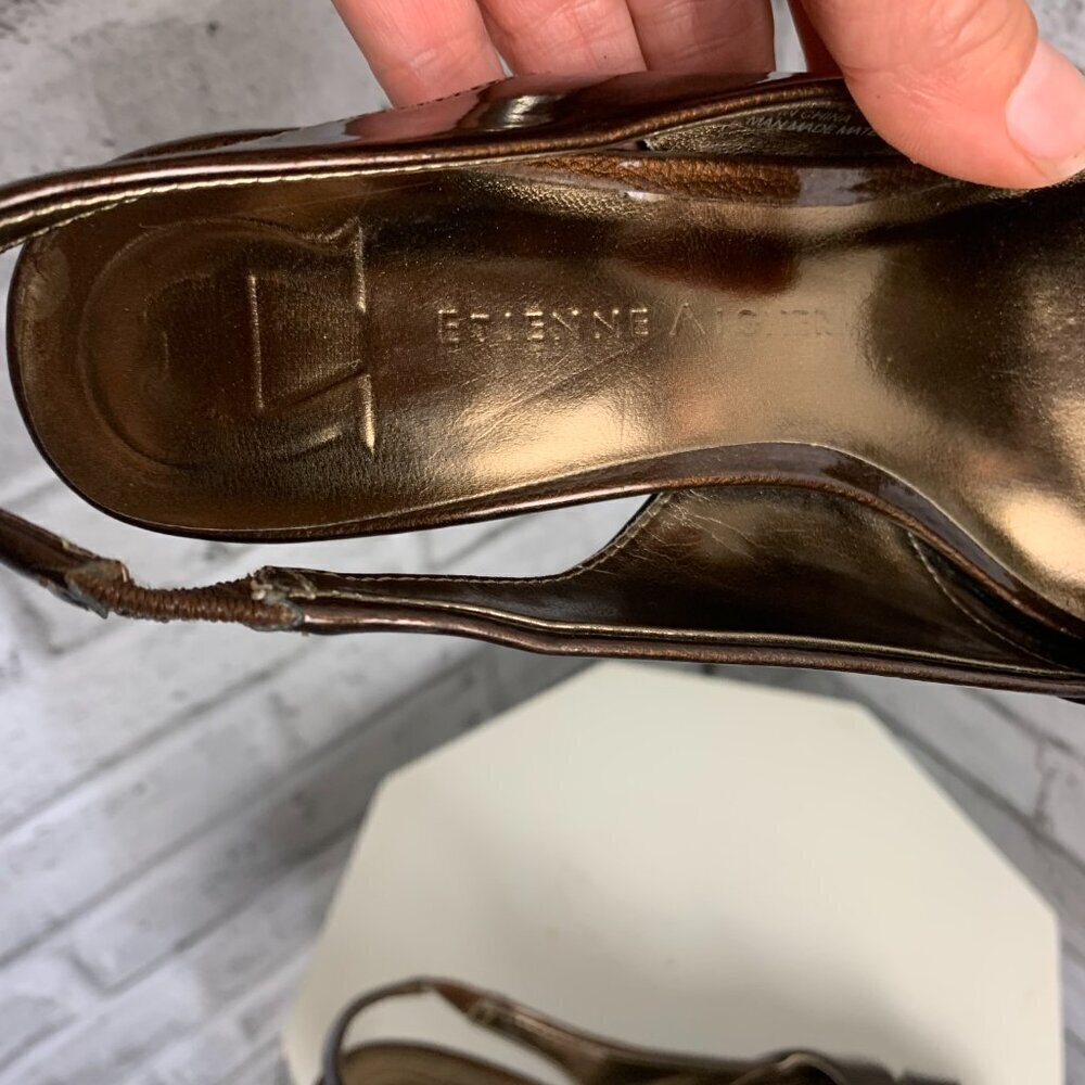 Etienne Aigner Ophelia Open Toe Sling Back Brown Patent Faux Leather Sandals - Picture 9 of 9